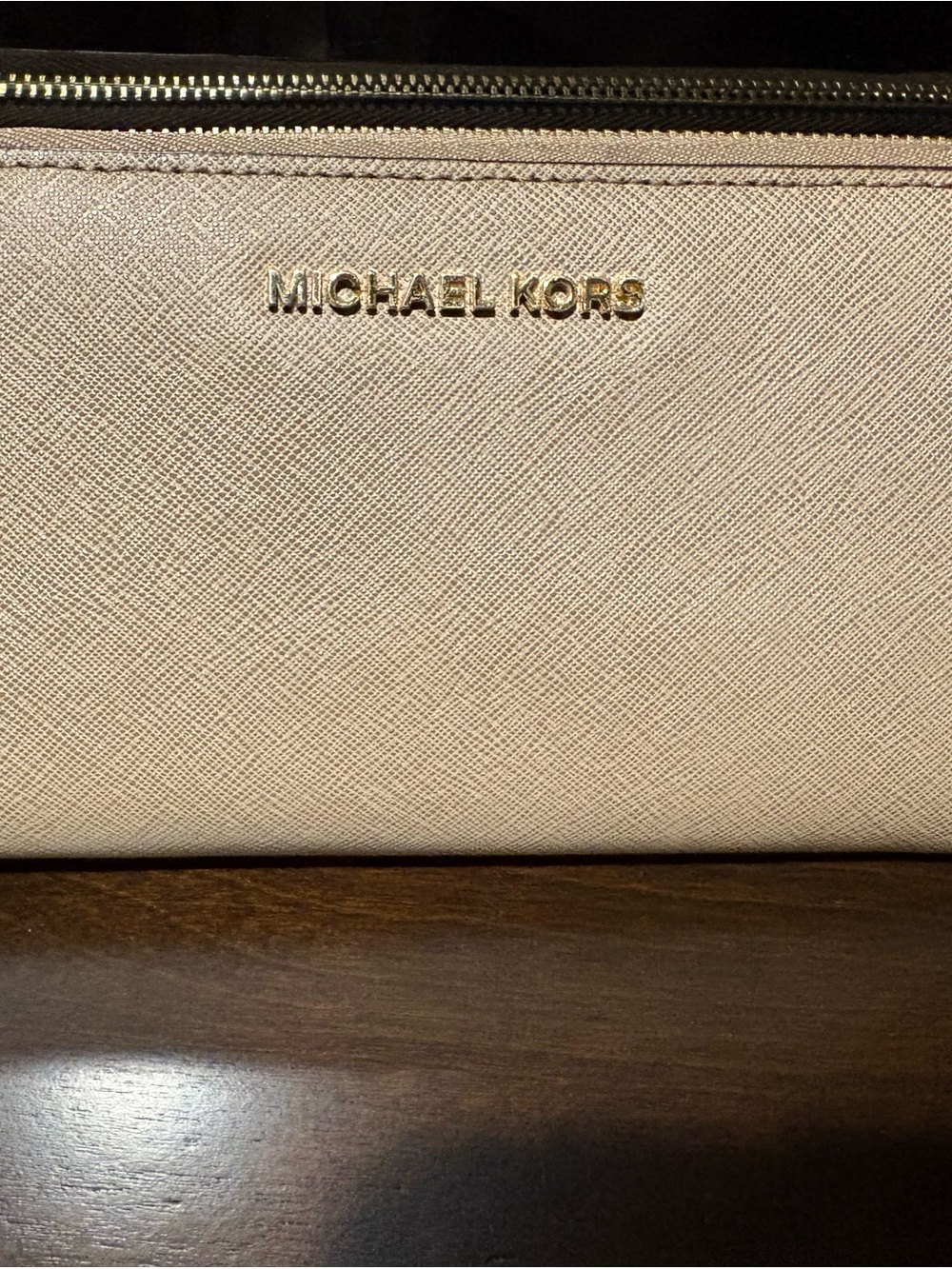 Michael Kors Saffiano Leather Zip Wallet in Blush Pink with Gold Logo